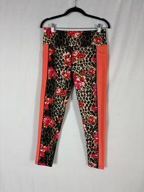 LuLaRoe Floral Leopard Print Leggings with Coral and Green Accents